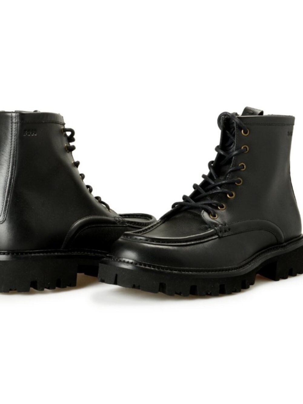 Boss Black Leather Lug Moc-Toe Lace-Up Boots